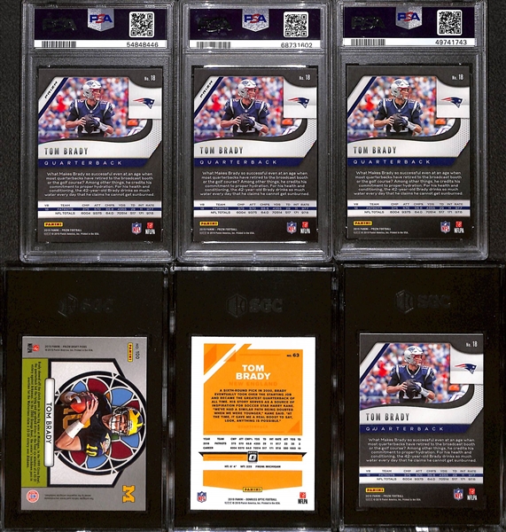 Lot of (6) Graded 2019 Panini Tom Brady Cards (5 Prizms) w. 2019 Panini Prizm #18 Red White Blue Prizm PSA 10