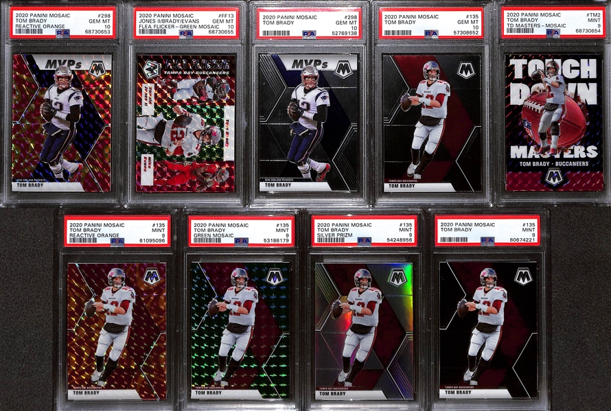 Lot of (9) PSA Graded 2020 Tom Brady Cards w. Panini Mosaic Reactive Orange PSA 10