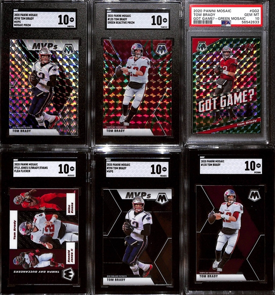 Lot of (6) Grade 10 2020 Tom Brady Panini Mosaic Cards w. Panini Mosaic Tom Brady MVPs Mosaic Prizm SGC 10 