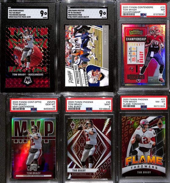 Lot of (6) Graded 2020 Tom Brady Cards w. Panini Mosaic TM2 Green Reactive (#/89) SGC 9