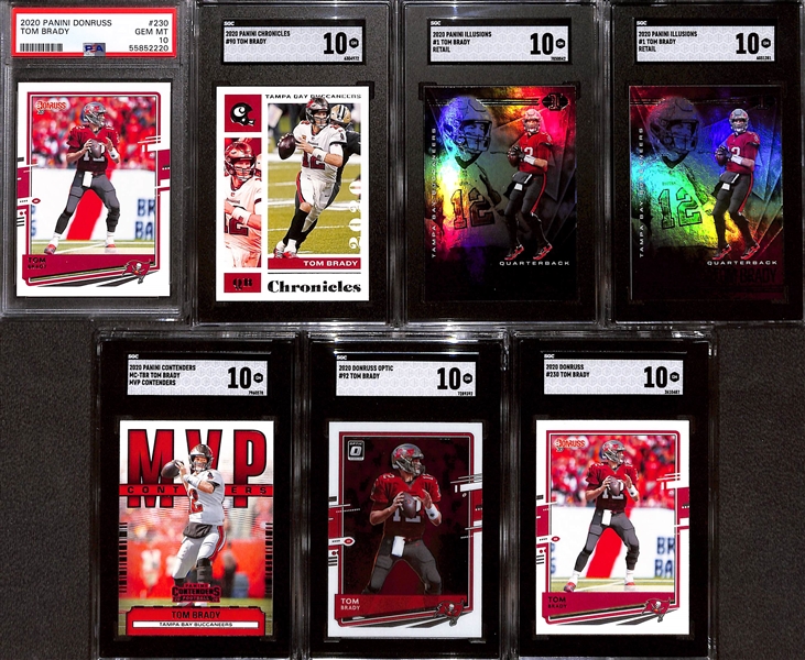 Lot of (7) Graded Gem Mint 2020 Tom Brady Cards w. Panini Donruss PSA 10 & Panini Chronicles SGC 10