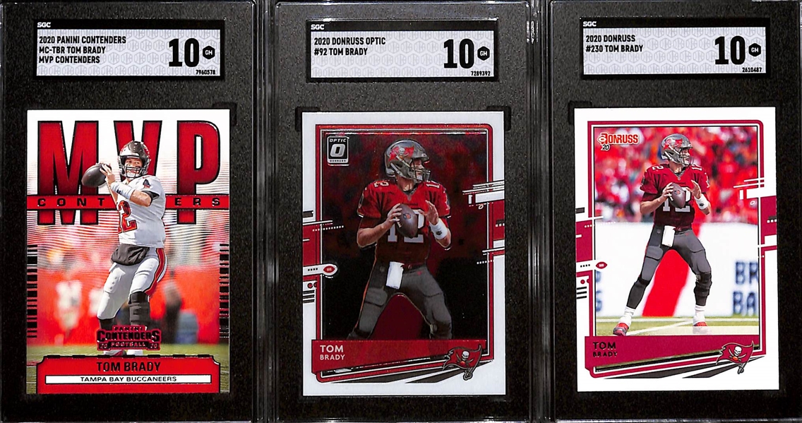 Lot of (7) Graded Gem Mint 2020 Tom Brady Cards w. Panini Donruss PSA 10 & Panini Chronicles SGC 10