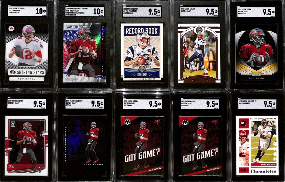 Lot of (10) SGC Graded 2020 Panini Tom Brady Cards w. Panini Illusions SS1 Tom Brady Shining Stars SGC 10