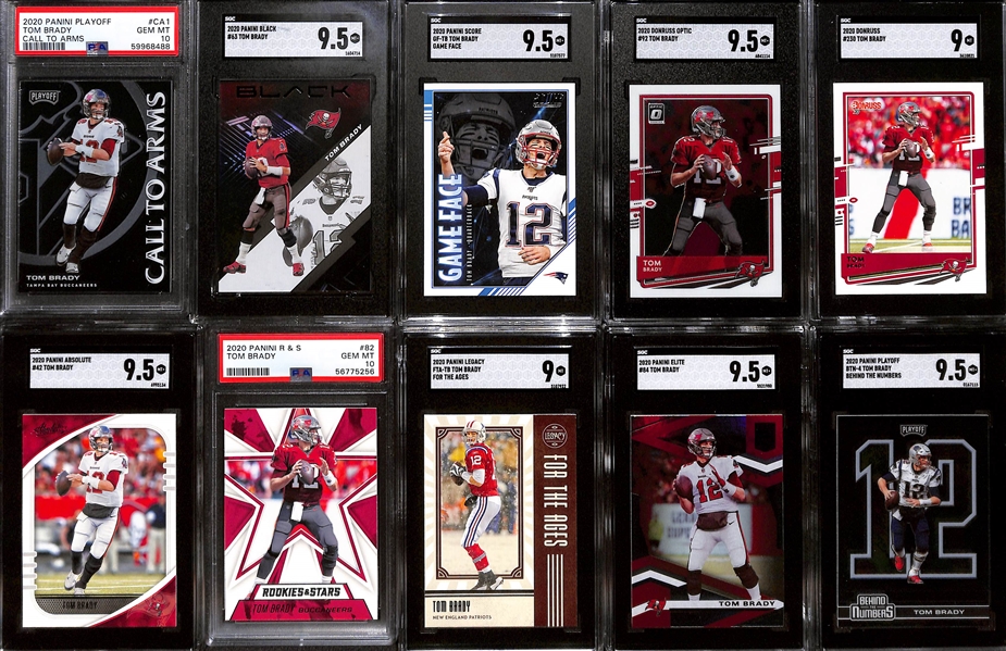 Lot of (10) Graded 2020 Tom Brady Cards w. Panini Playoff Call to Arms PSA 10 & Panini Black SGC 9.5