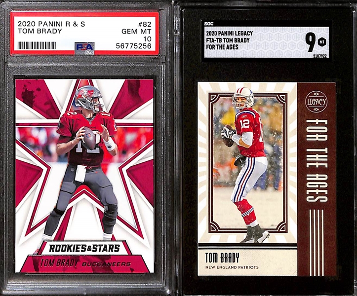 Lot of (10) Graded 2020 Tom Brady Cards w. Panini Playoff Call to Arms PSA 10 & Panini Black SGC 9.5