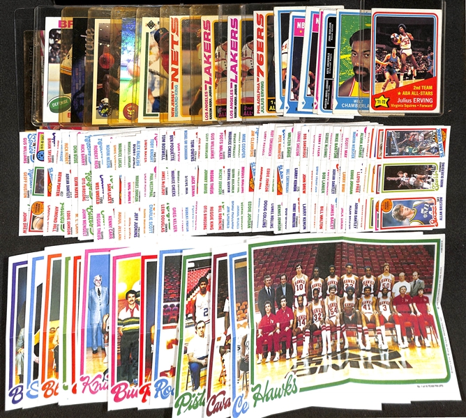 Lot of (100) Assorted Basketball Cards from 1972-1992 w. 1972 Topps Dr J. AS #255 & 1980-81 Topps NBA Team Pin-Up Posters Complete Set 