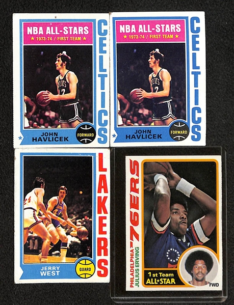 Lot of (100) Assorted Basketball Cards from 1972-1992 w. 1972 Topps Dr J. AS #255 & 1980-81 Topps NBA Team Pin-Up Posters Complete Set 