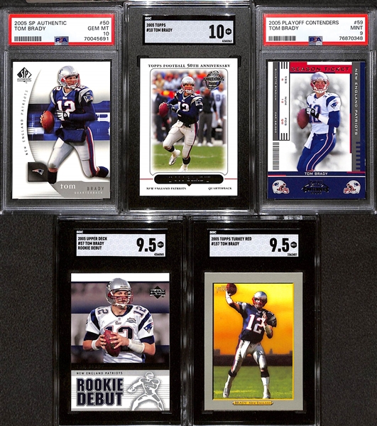 Lot of (5) Graded 2005 Tom Brady Cards w. SP Authentic PSA 10 & Topps SGC 10