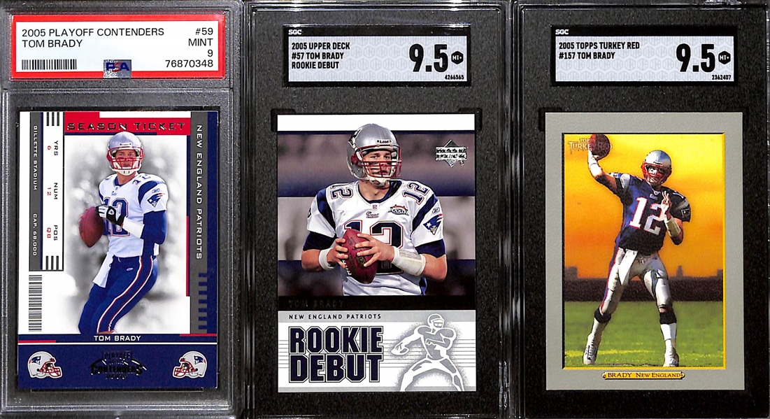 Lot of (5) Graded 2005 Tom Brady Cards w. SP Authentic PSA 10 & Topps SGC 10