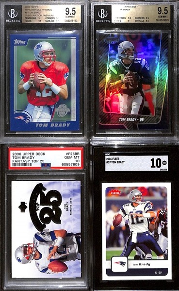 Lot of (4) Graded 2005-2006 Tom Brady Cards w. 2005 Topps Throwbacks Promos Tom Brady Subscription Premium #6/7 BGS 9.5