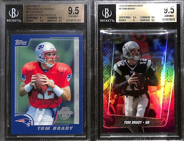 Lot of (4) Graded 2005-2006 Tom Brady Cards w. 2005 Topps Throwbacks Promos Tom Brady Subscription Premium #6/7 BGS 9.5