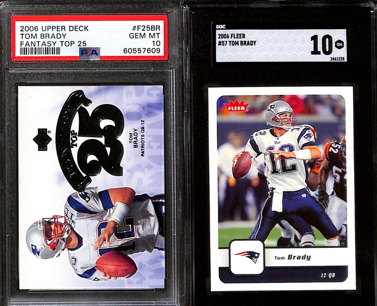 Lot of (4) Graded 2005-2006 Tom Brady Cards w. 2005 Topps Throwbacks Promos Tom Brady Subscription Premium #6/7 BGS 9.5