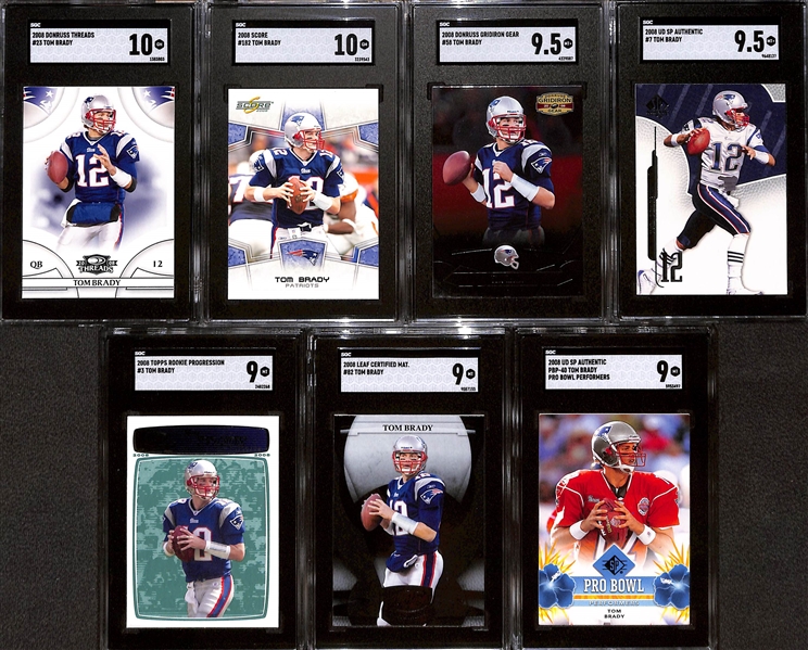 Lot of (7) SGC Graded 2008 Tom Brady Cards w. Donruss Threads SGC 10 & Score SGC 10.