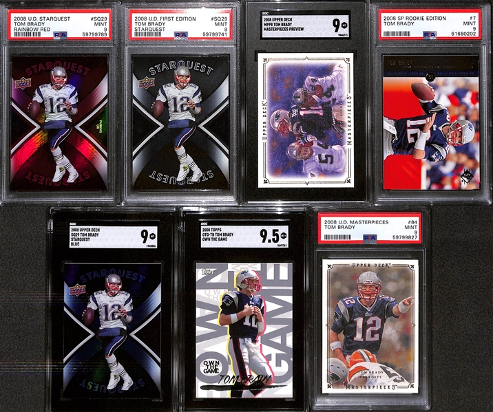 Lot of (7) Graded 2008 Tom Brady Cards w. U.D. Starquest Tom Brady Rainbow Red PSA 9