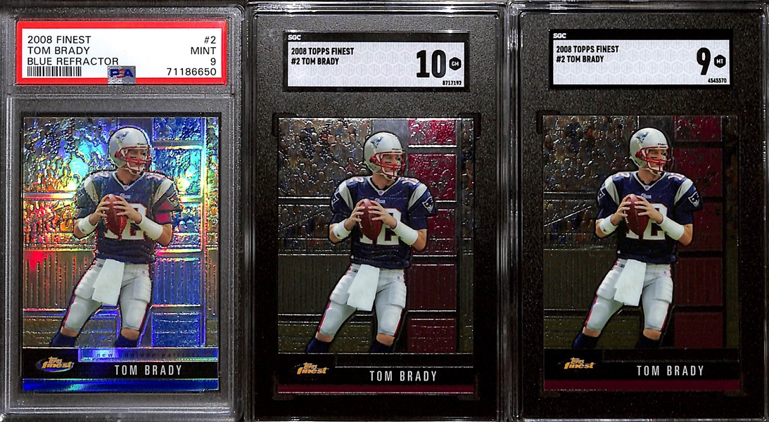 Lot of (3) Graded 2008 Topps Finest Tom Brady Cards w. Finest Blue Refractor PSA 9