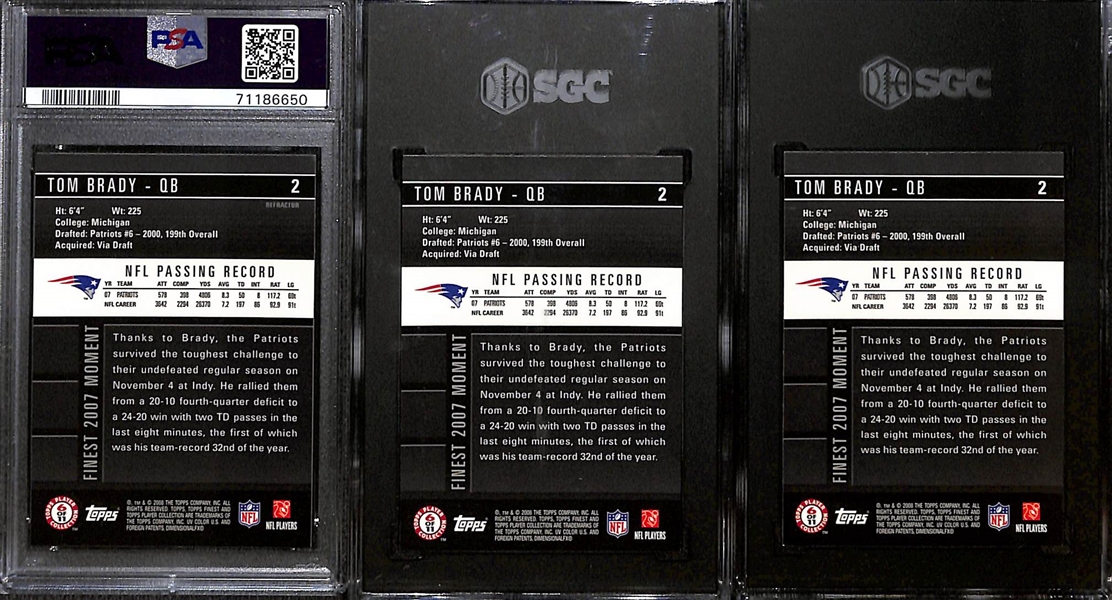 Lot of (3) Graded 2008 Topps Finest Tom Brady Cards w. Finest Blue Refractor PSA 9