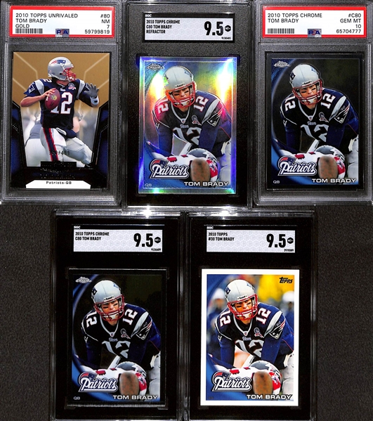 Lot of (5) Graded 2010 Tom Brady Cards w. Topps Unrivaled Gold #80 (#/499) PSA 7 & Topps Chrome C80 Refractor SGC 9.5