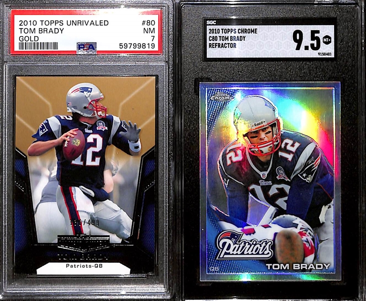 Lot of (5) Graded 2010 Tom Brady Cards w. Topps Unrivaled Gold #80 (#/499) PSA 7 & Topps Chrome C80 Refractor SGC 9.5