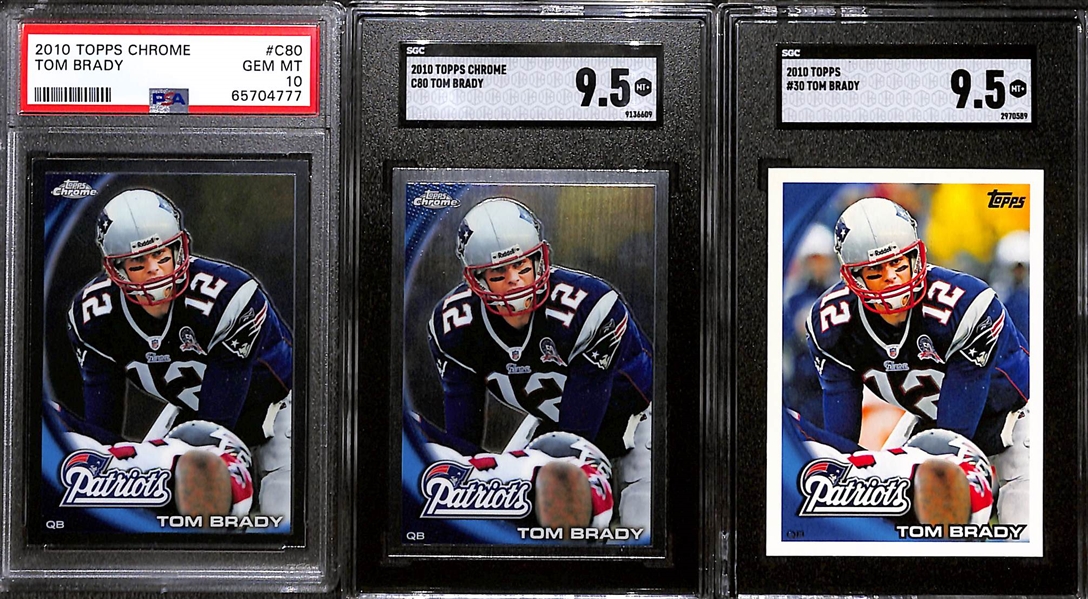 Lot of (5) Graded 2010 Tom Brady Cards w. Topps Unrivaled Gold #80 (#/499) PSA 7 & Topps Chrome C80 Refractor SGC 9.5