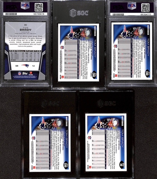 Lot of (5) Graded 2010 Tom Brady Cards w. Topps Unrivaled Gold #80 (#/499) PSA 7 & Topps Chrome C80 Refractor SGC 9.5