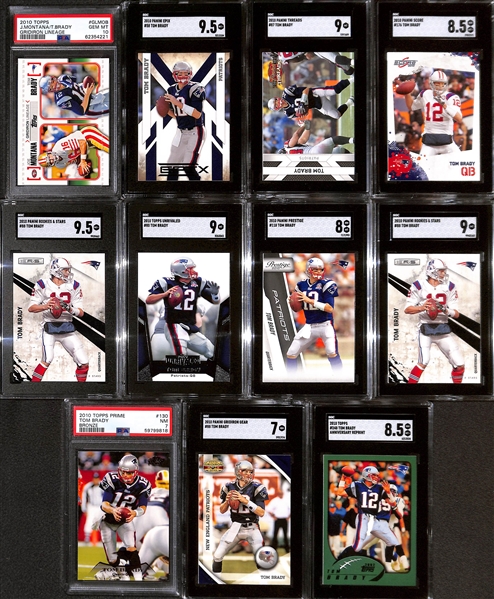 Lot of (11) Graded 2010 Tom Brady Cards w. Topps Joe Montana / Tom Brady Gridiron Lineage PSA 10