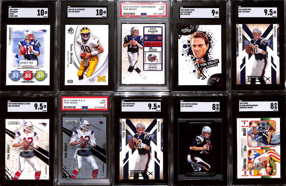 Lot of (10) Graded 2010 Tom Brady Cards w. Topps ATTAX Code Card SGC 10 & UD SP Authentic SGC 10.