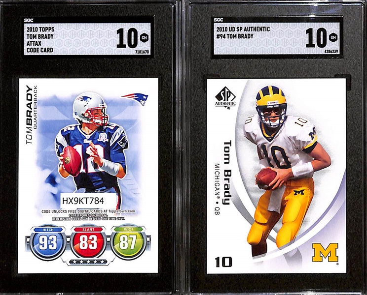 Lot of (10) Graded 2010 Tom Brady Cards w. Topps ATTAX Code Card SGC 10 & UD SP Authentic SGC 10.