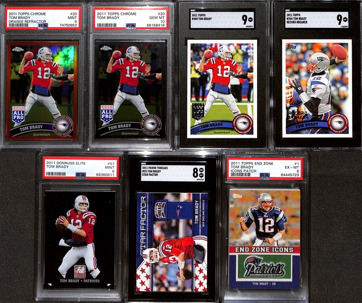 Lot of (7) Graded 2011 Tom Brady Cards w. Topps Chrome Orange Refractor PSA 9 & Topps Chrome PSA 10