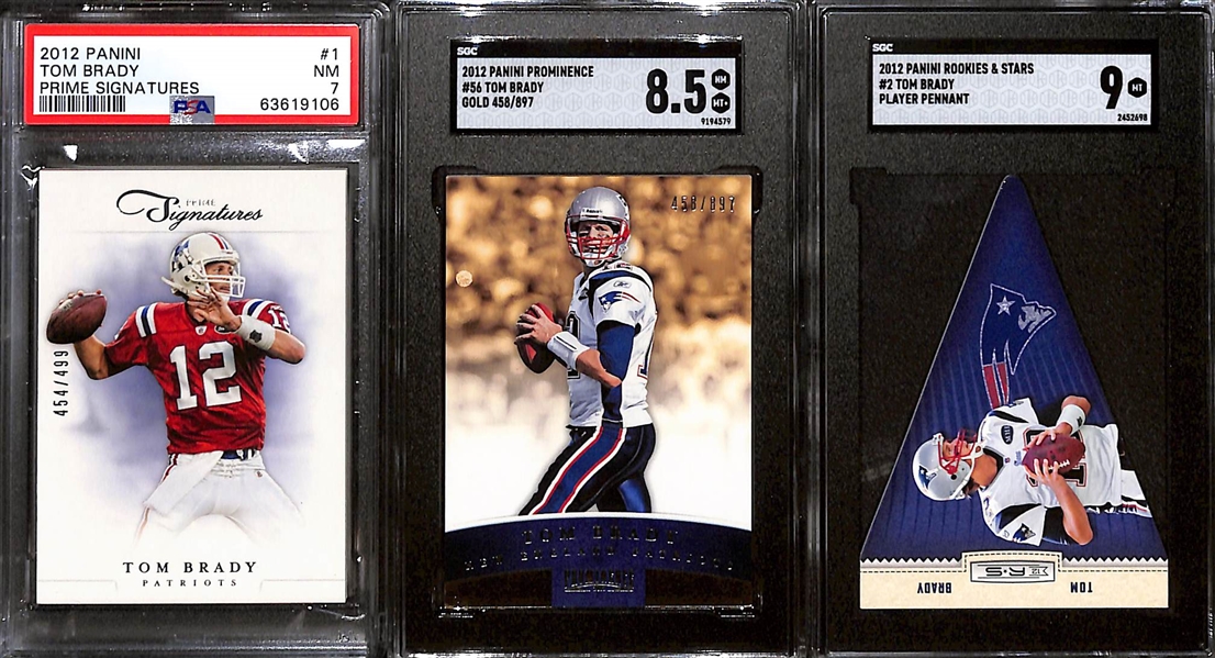 Lot of (3) Graded 2021 Tom Brady Cards w. Panini Prime Signatures (#/499) PSA 7. 