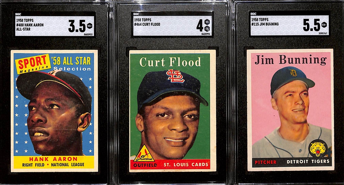 Lot of (3) 1958 Topps Cards - Hank Aaron All Star (SGC 3.5), Curt Flood Rookie (SGC 4), Jim Bunning (SGC 5.5)