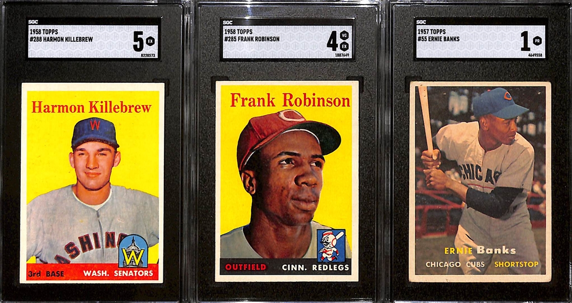 Lot of (3) HOFer Cards - 1958 Topps Harmon Killebrew (SGC 5), 1958 Topps Frank Robinson (SGC 4), 1957 Topps Ernie Banks (SGC 1)