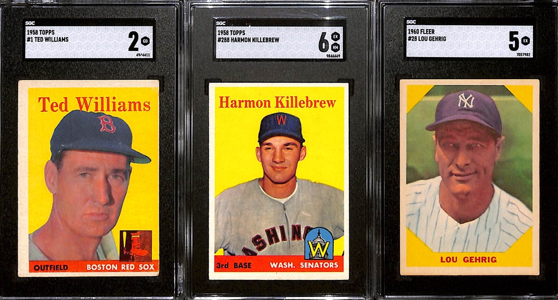 (3) Card Graded Lot - 1958 Topps Ted Williams #1 (SGC 2), 1958 Topps Harmon Killebrew (SGC 6), 1960 Fleer Lou Gehrig #28 (SGC 5)