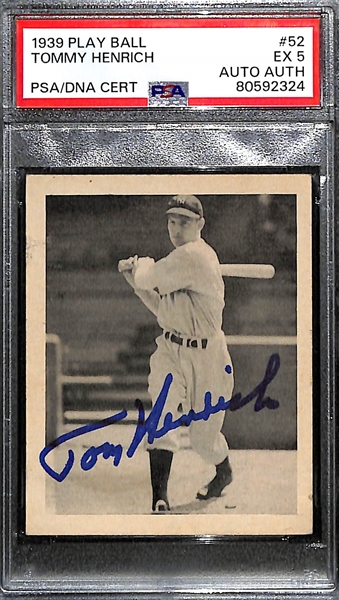 1939 Play Ball Tommy Henrich Signed Rookie Card PSA/DNA Slabbed - Card Graded 5 EX (Bold Signature!)