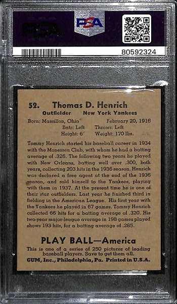 1939 Play Ball Tommy Henrich Signed Rookie Card PSA/DNA Slabbed - Card Graded 5 EX (Bold Signature!)