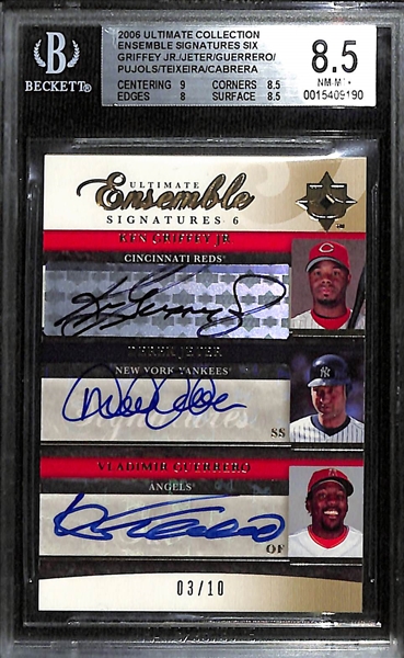 2006 Upper Deck Ultimate Collection Ensemble Signatures Six 6-Autograph Card - Ken Griffey Jr., Derek Jeter, Miguel Cabrera, Albert Pujols, Vladimir Guerrero, & Mark Teixeira #ed 3/10 - Graded BGS 8.5