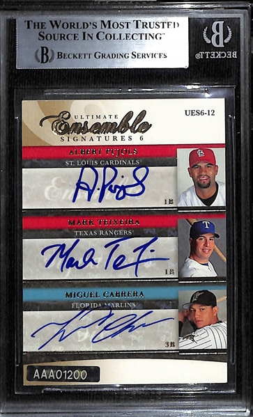 2006 Upper Deck Ultimate Collection Ensemble Signatures Six 6-Autograph Card - Ken Griffey Jr., Derek Jeter, Miguel Cabrera, Albert Pujols, Vladimir Guerrero, & Mark Teixeira #ed 3/10 - Graded BGS 8.5