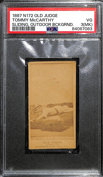 1887 N172 Old Judge Tommy McCarthy (Hall of Famer) - Sliding Outdoor Background Graded PSA 3(MK) - RARE - Only 3 Graded by PSA (Only 1 Graded Higher)