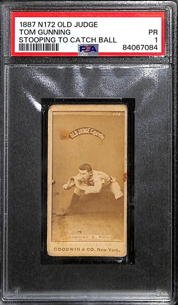 1887 N172 Old Judge Tom Gunning - Stooping to Catch Ball Graded PSA 1