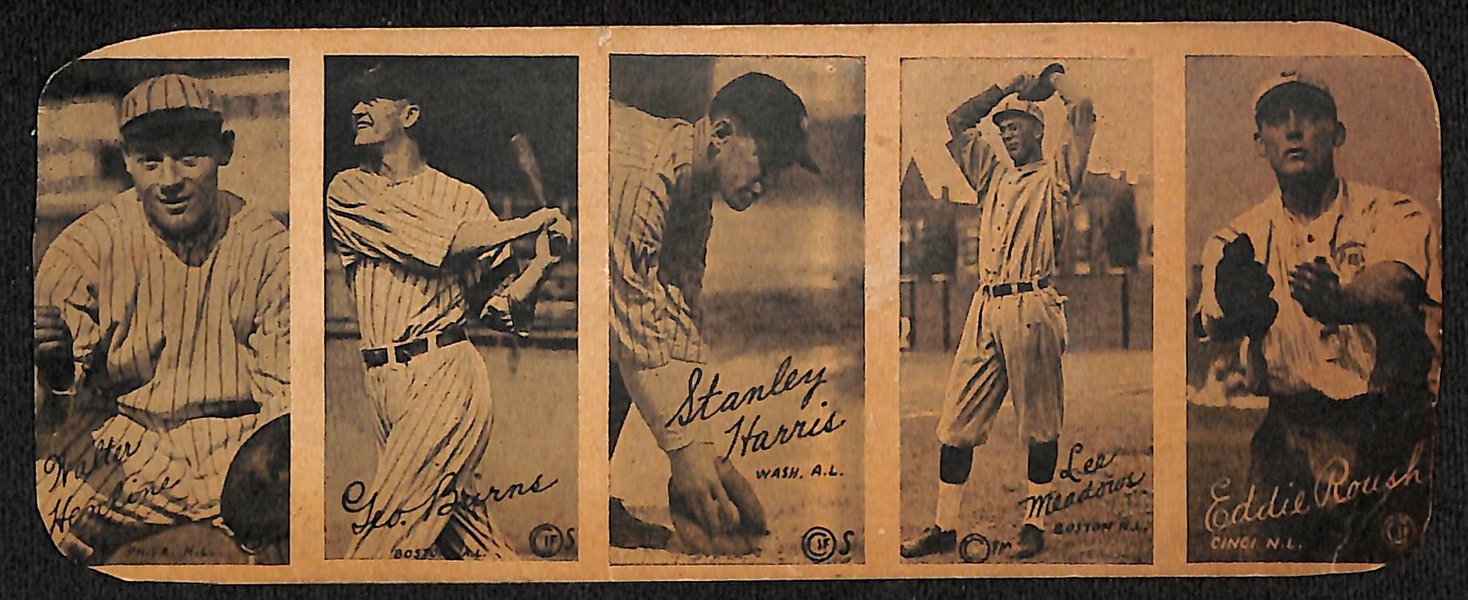 Rare Uncut Strip of (5) 1923 W572 Cards w. Eddie Roush (Reds - HOF), Stanley Harris, Lee Meadows, George Burns, Walter Henline