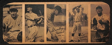 Rare Uncut Strip of (5) 1923 W572 Cards w. Eddie Roush (Reds - HOF), Stanley Harris, Lee Meadows, George Burns, Walter Henline