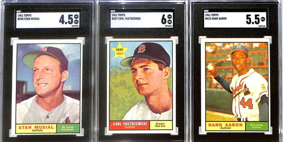 1961 Topps Lot (3) - Hank Aaron #415 (SGC 5.5), Carl Yastrzemski #287 (SGC 6), Stan Musial #290 (SGC 4.5)