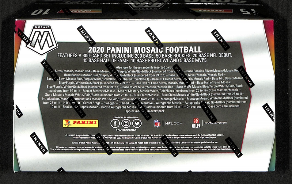 2020 Panini Mosaic Football Sealed Hobby Box with 2 Autographs (Burrow, Hurts, Herbert, Tagovailoa, Jefferson Rookie Year)