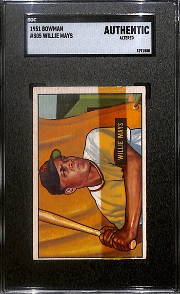 1951 Bowman Willie Mays Rookie Card #305 Graded SGC Authentic (Tape on Front)  - w. 8 Low Grade Cards w. 1951 Bowman Durocher & 1951 Topps All-Stars Walt Dropo