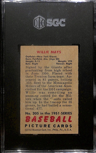 1951 Bowman Willie Mays Rookie Card #305 Graded SGC Authentic (Tape on Front)  - w. 8 Low Grade Cards w. 1951 Bowman Durocher & 1951 Topps All-Stars Walt Dropo