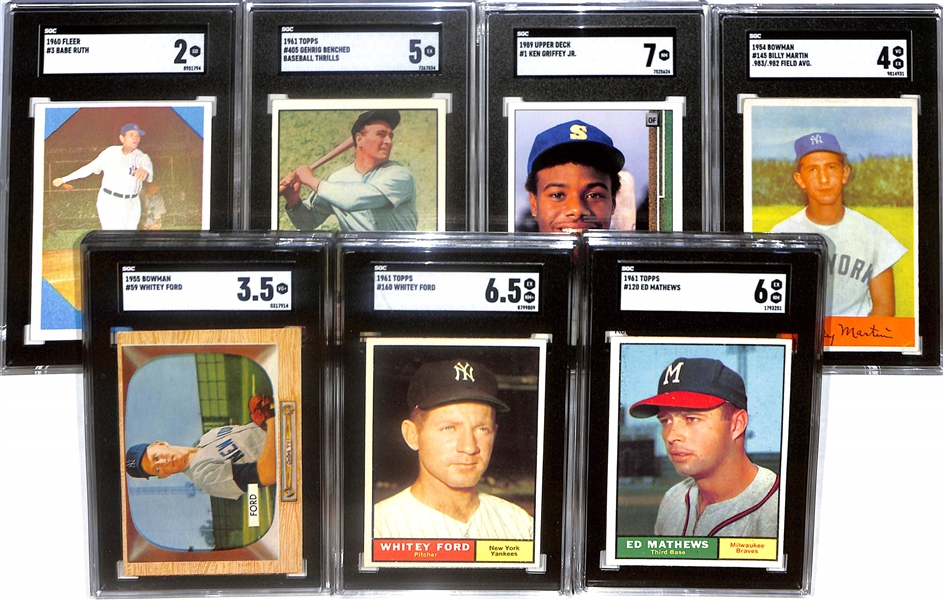 (7) Graded Baseball Cards - 1960 Fleer Babe Ruth (SGC 2), 1961 Topps Gehrig (SGC 5), 1989 UD Griffey Jr. (SGC 7), 1954 Bowman B. Martin (SGC 4), 1955 Bowman W. Ford (SGC 6.5), 1961 Topps E. Mathews...