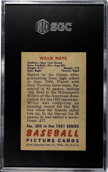 1951 Bowman Willie Mays #305 Rookie Card Graded SGC 5