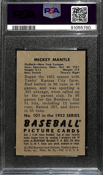 1952 Bowman Mickey Mantle (2nd Year) #101 Graded PSA 3 VG (Nice Visual Appeal!)