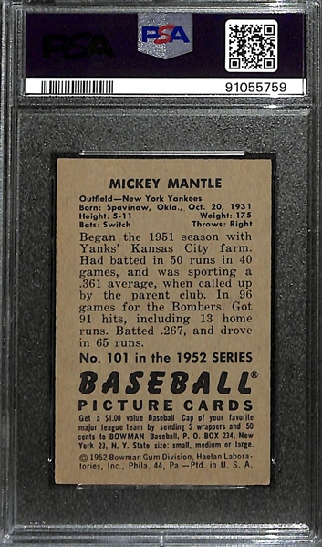 1952 Bowman Mickey Mantle (2nd Year) #101 Graded PSA 4 VG-EX (Clean & Centered - Looks Undergraded!)