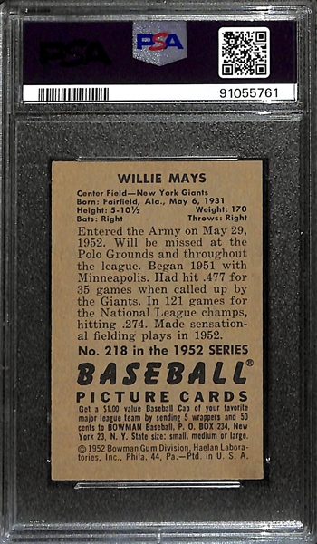 1952 Bowman Willie Mays (2nd Year) #218 Graded PSA 4 VG-EX