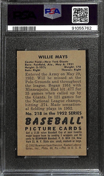 1952 Bowman Willie Mays (2nd Year) #218 Graded PSA 5 VG-EX (Great Visual Appeal!)